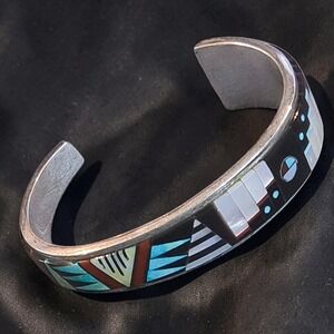 Charlie John Navajo Sterling Silver Turquoise Mosaic Inlay Cuff Bracelet